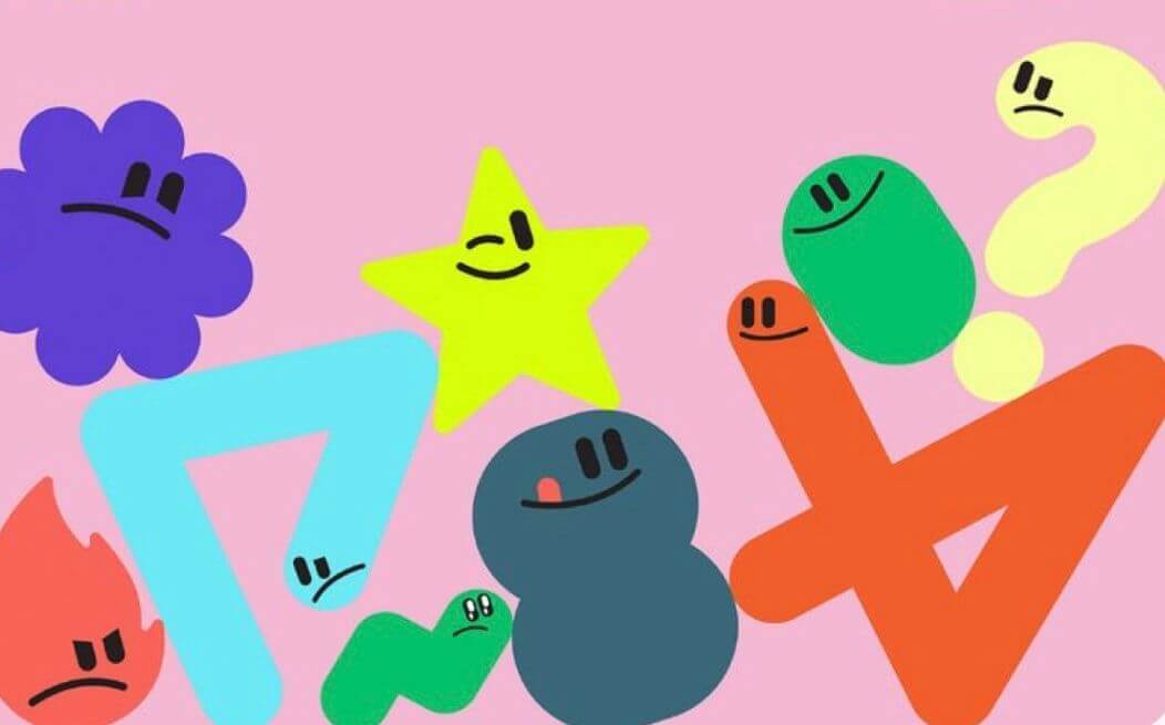 Pinterest image on a pink background of various shapes with faces in different colours. Each shape seemingly has it's own personality!