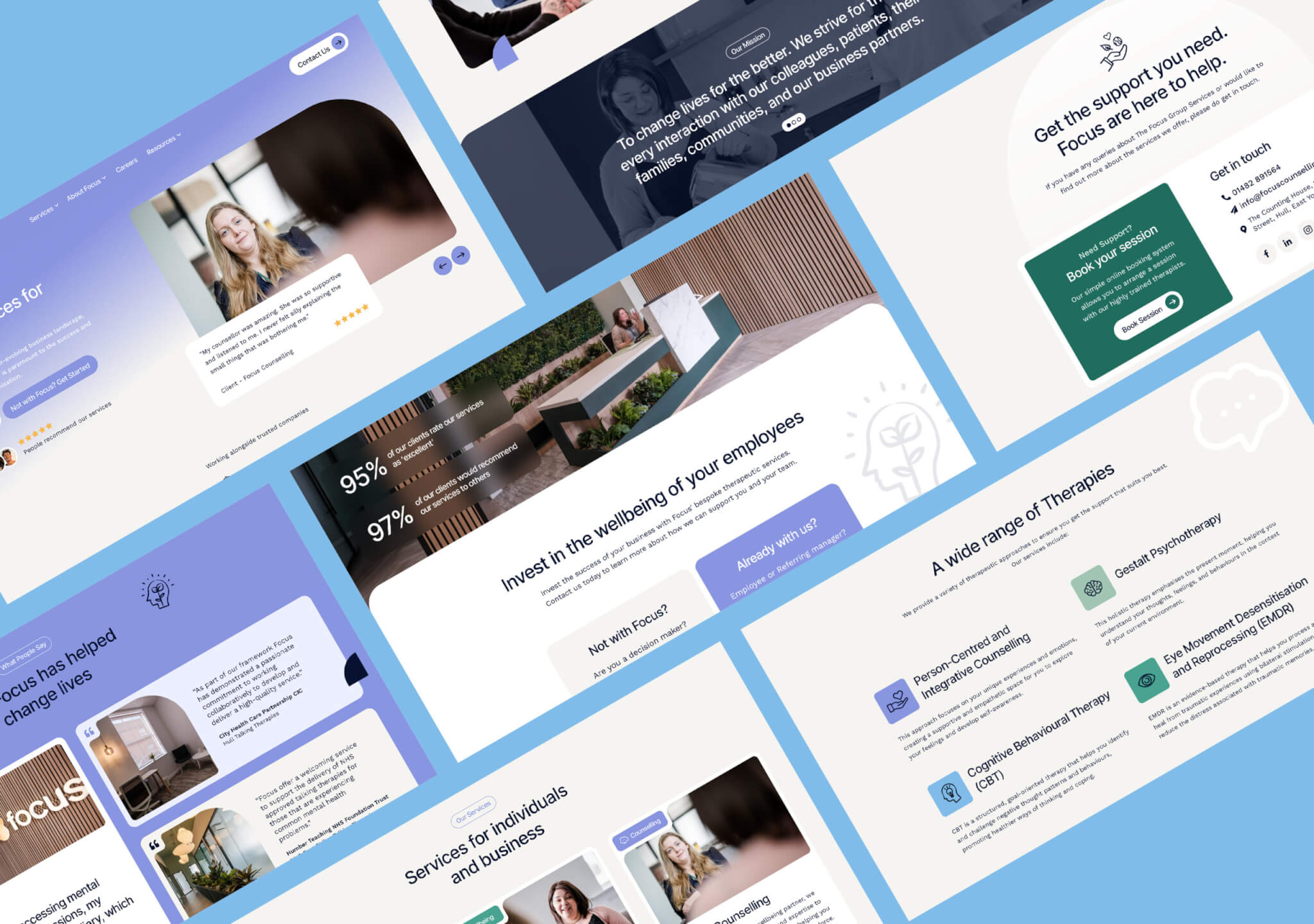 Image shows a mockup of Focus' new website pages on a sky blue background. 